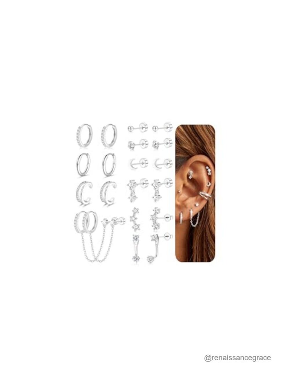 14K Gold Plated Hypoallergenic Cartilage Stud & Hoop Earring Set - 10 Piece